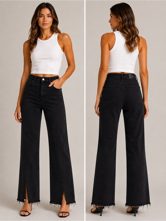 Risen Jeans Denim - NWT RISEN Black High Rise Raw Hem Front Slit Flare Jeans Size 11/30 | 32” Inseam